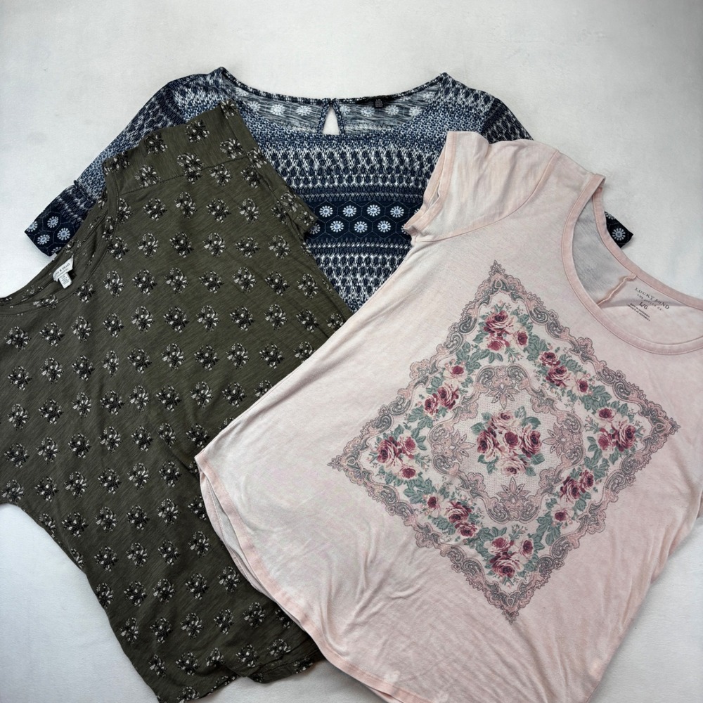 Lucky Brand Tops Bundle Women Large Blue Olive Pink Floral Boho Lot 3 Pieces
